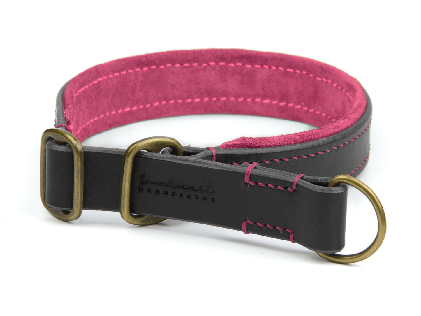 Zugstopp Lederhalsband Carla für Hunde in Dunkelbraun mit Sattlernaht Pink Vintage