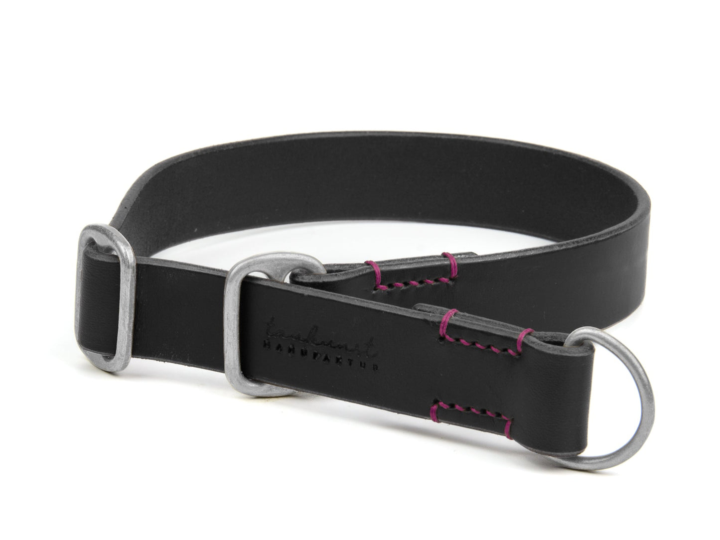 Zugstopp Lederhalsband Carla für Hunde in Schwarz mit Sattlernaht in Pink Silber