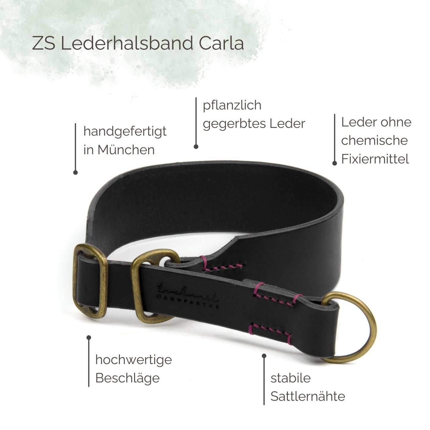 Breites Zugstopp Lederhalsband Carla für Hunde in Schwarz mit Sattlernaht Vintage Highlights