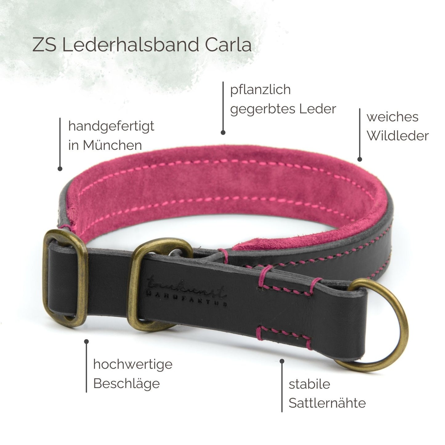 Zugstopp Lederhalsband Carla für Hunde in Dunkelbraun mit Sattlernaht Pink Vintage