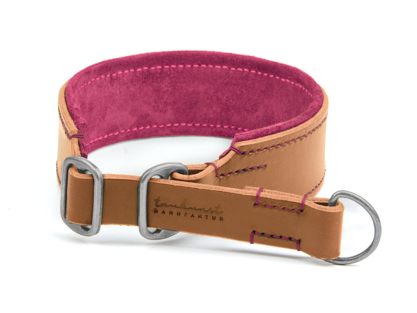 Breites Zugstopp Lederhalsband Fiona für Hunde in cognac mit Sattlernaht gepolstert Pink Silber