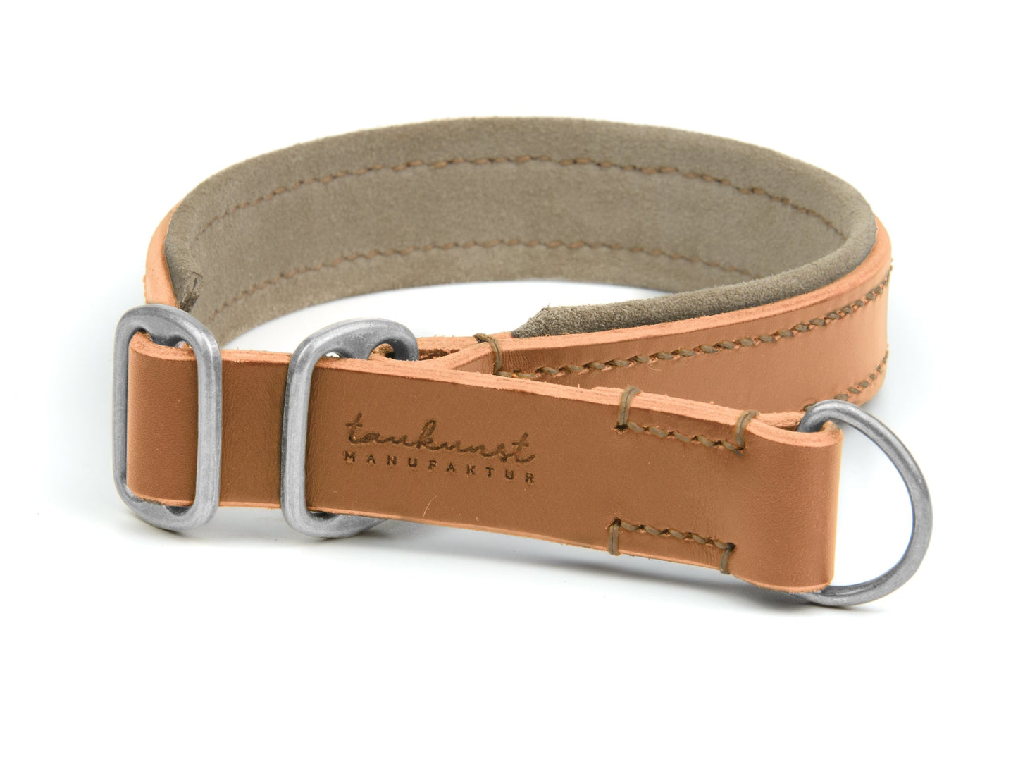 Zugstopp Lederhalsband Fiona für Hunde in Cognac mit Sattlernaht Beige Silber