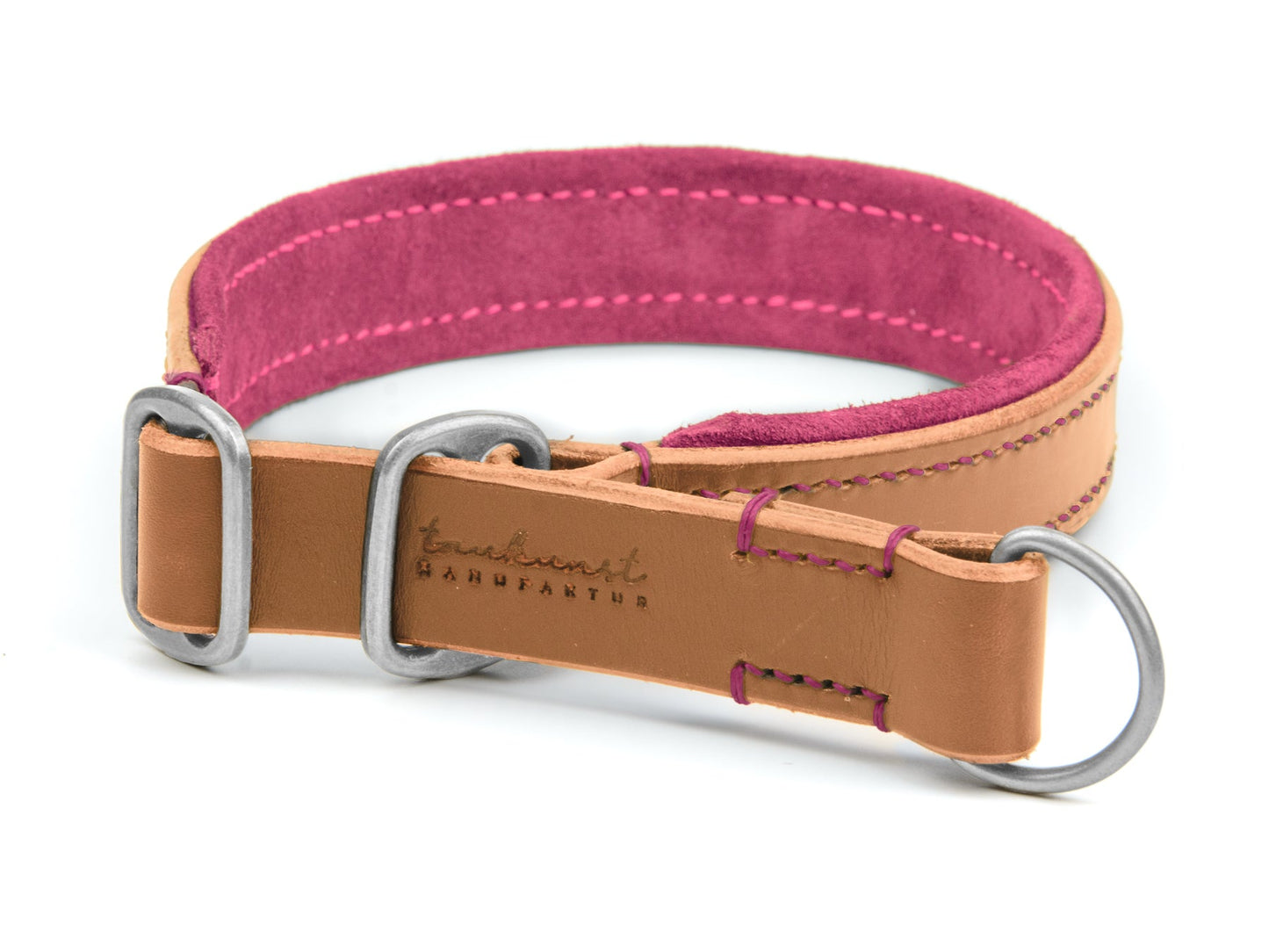 Zugstopp Lederhalsband Fiona für Hunde in Cognac mit Sattlernaht Pink Silber