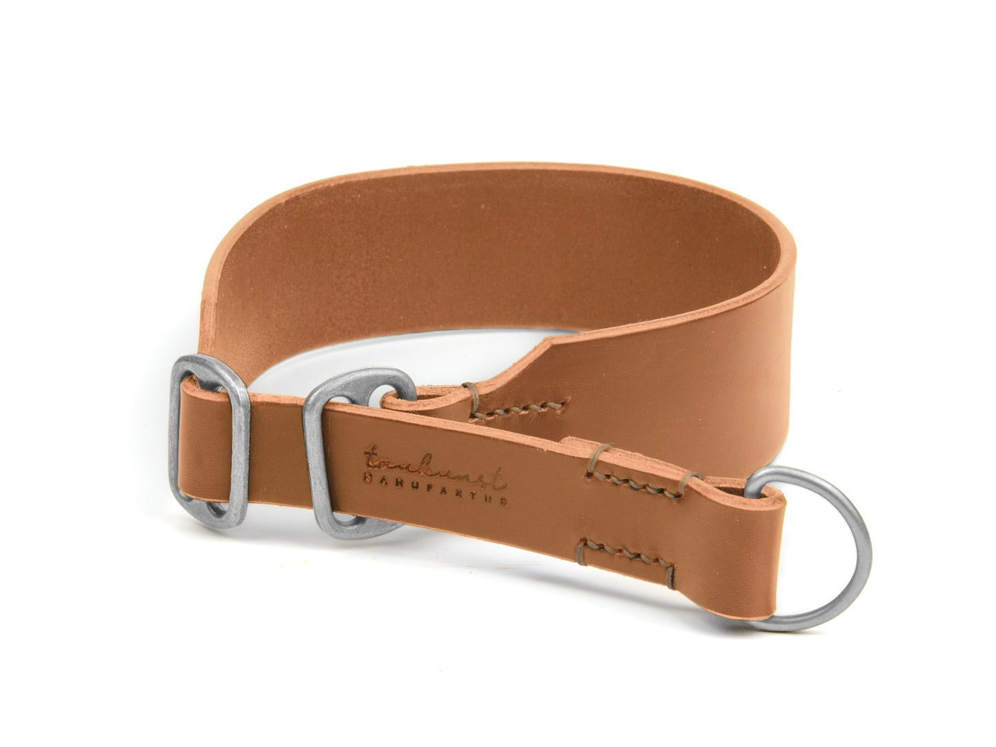 Breites Zugstopp Lederhalsband Fiona für Hunde in Cognac mit Sattlernaht Beige Silber