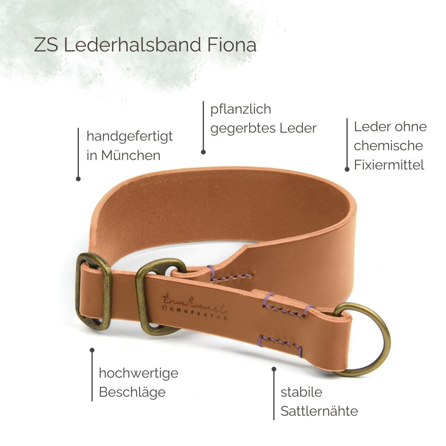 Breites Zugstopp Lederhalsband Fiona für Hunde in Cognac mit Sattlernaht Vintage Highlights