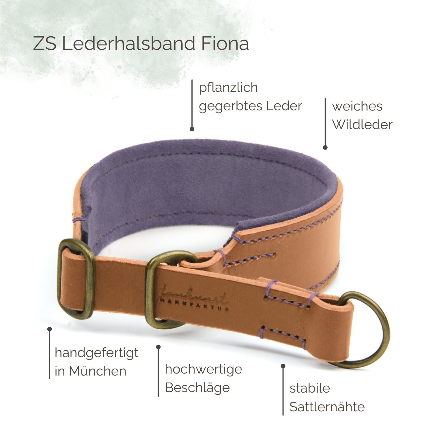 Breites Zugstopp Lederhalsband Fiona für Hunde in cognac mit Sattlernaht gepolstert Highlights