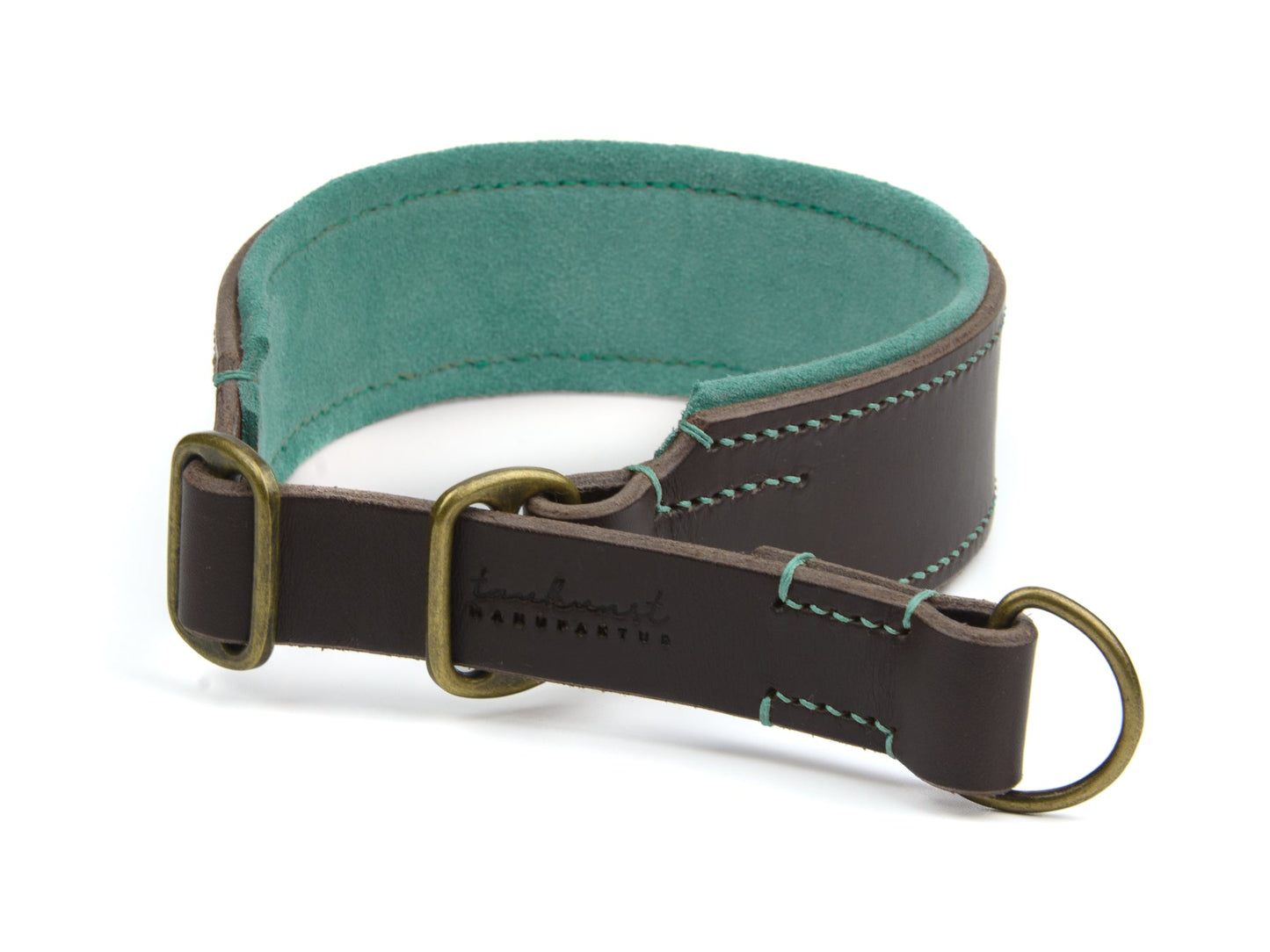 Breites Zugstopp Lederhalsband Wilma für Hunde in dunkelbraun mit Sattlernaht gepolstert Mint Vintage
