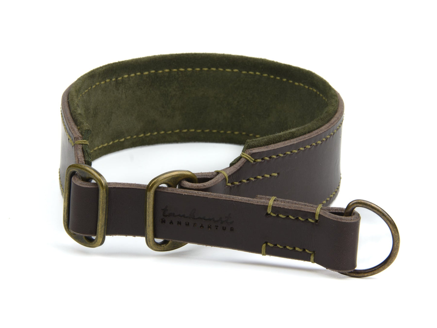 Breites Zugstopp Lederhalsband Wilma für Hunde in dunkelbraun mit Sattlernaht gepolstert Oliv Vintage