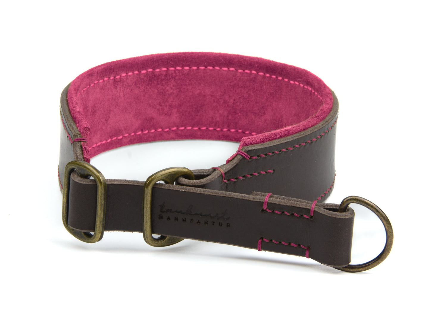 Breites Zugstopp Lederhalsband Wilma für Hunde in dunkelbraun mit Sattlernaht gepolstert Pink Vintage