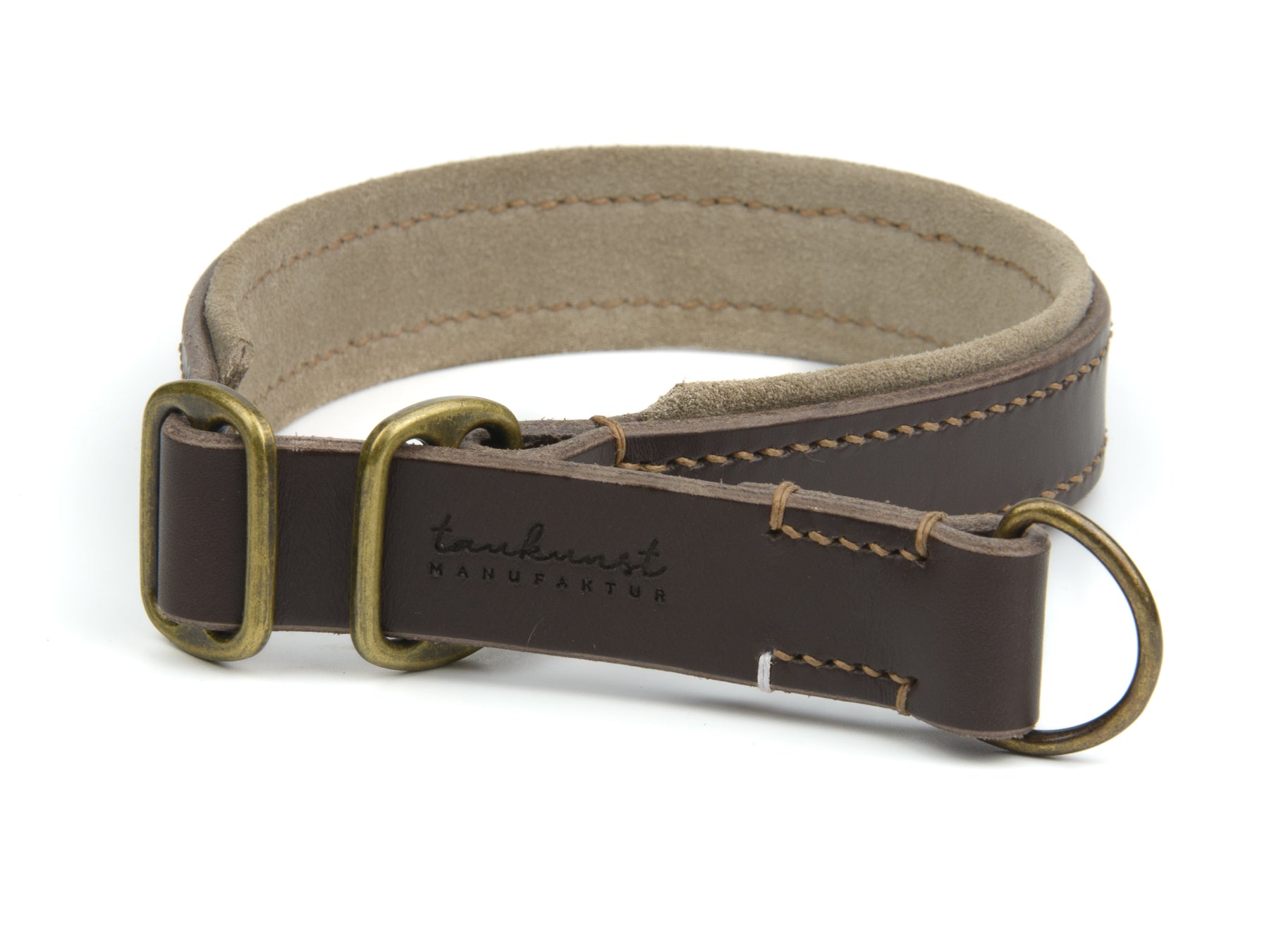Zugstopp Lederhalsband Wilma für Hunde in Dunkelbraun mit Sattlernaht Beige Vintage
