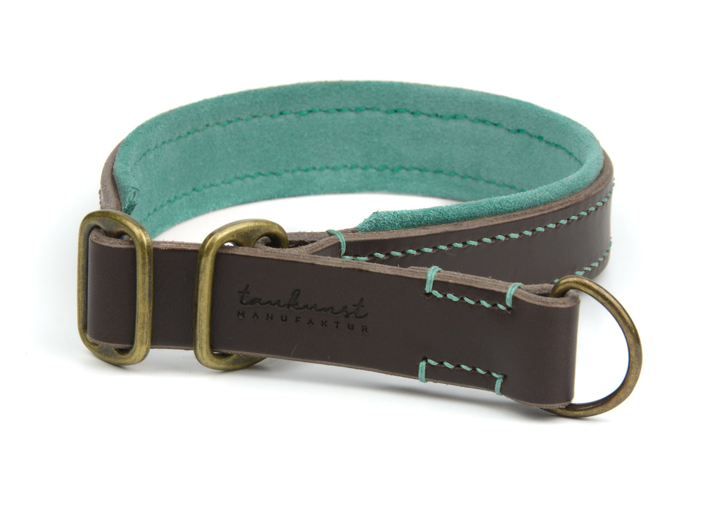 Zugstopp Lederhalsband Wilma für Hunde in Dunkelbraun mit Sattlernaht Mint Vintage