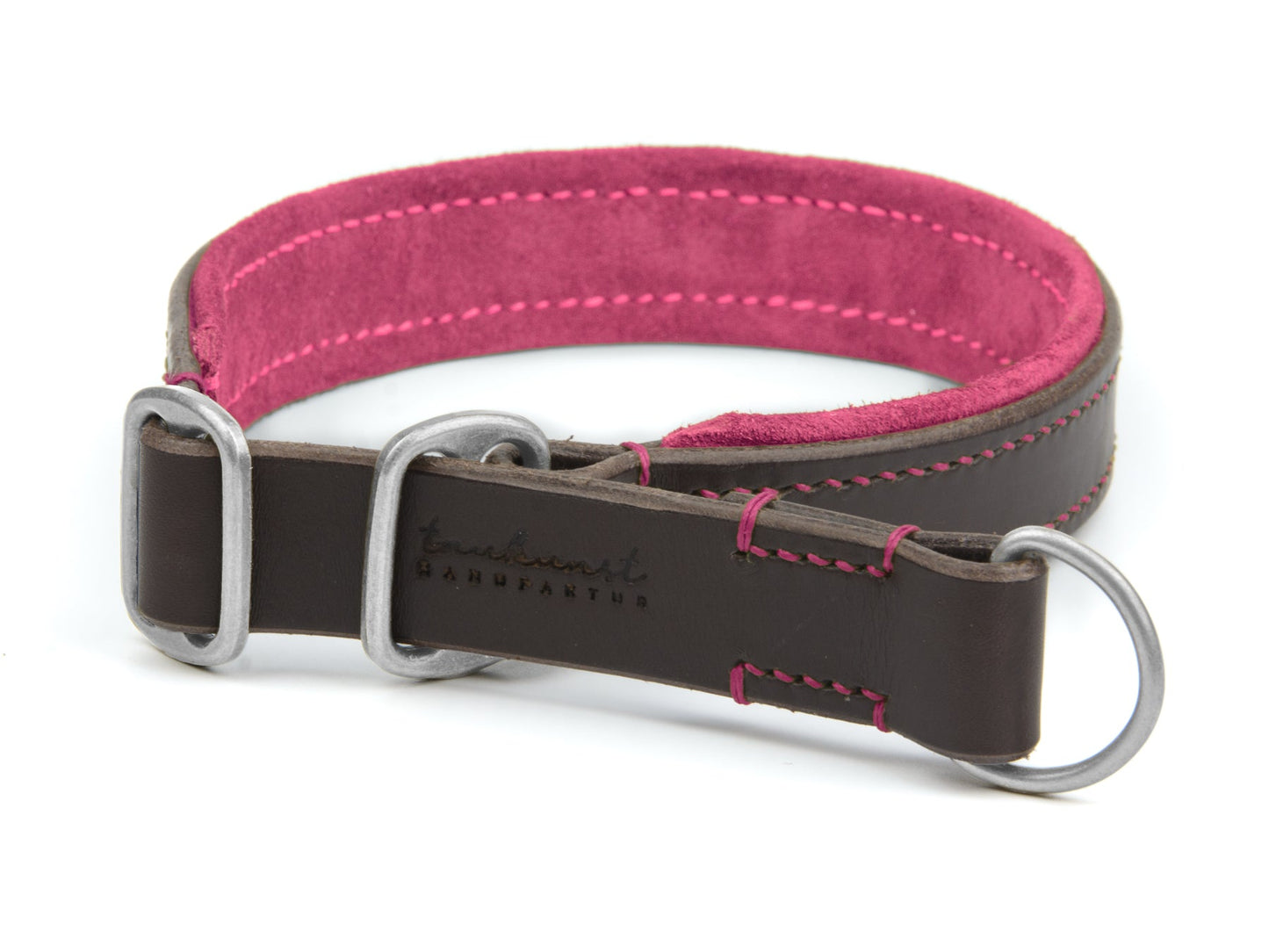 Zugstopp Lederhalsband Wilma für Hunde in Dunkelbraun mit Sattlernaht Pink Silber