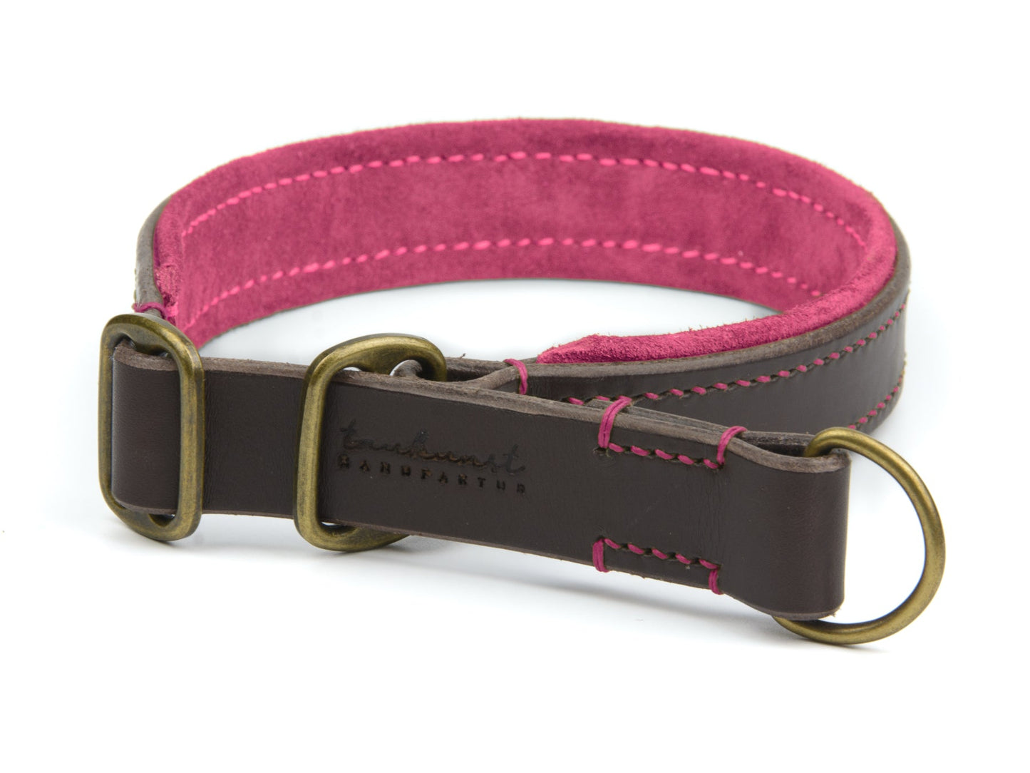 Zugstopp Lederhalsband Wilma für Hunde in Dunkelbraun mit Sattlernaht Pink Vintage