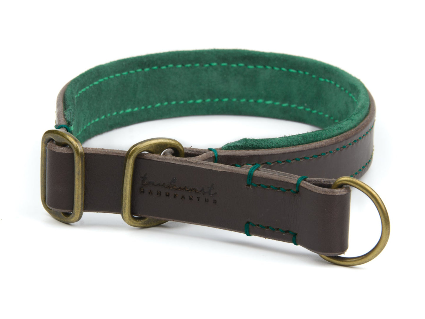 Zugstopp Lederhalsband Wilma für Hunde in Dunkelbraun mit Sattlernaht Waldgrün Vintage