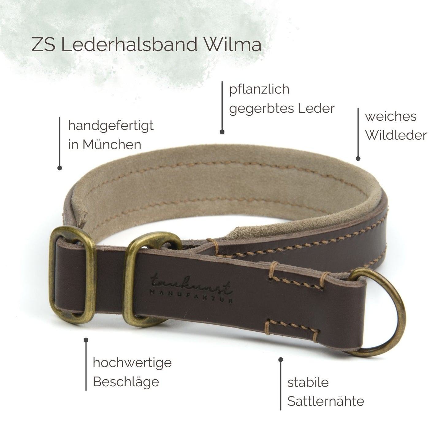 Zugstopp Lederhalsband Wilma für Hunde in Dunkelbraun mit Sattlernaht Beige Vintage