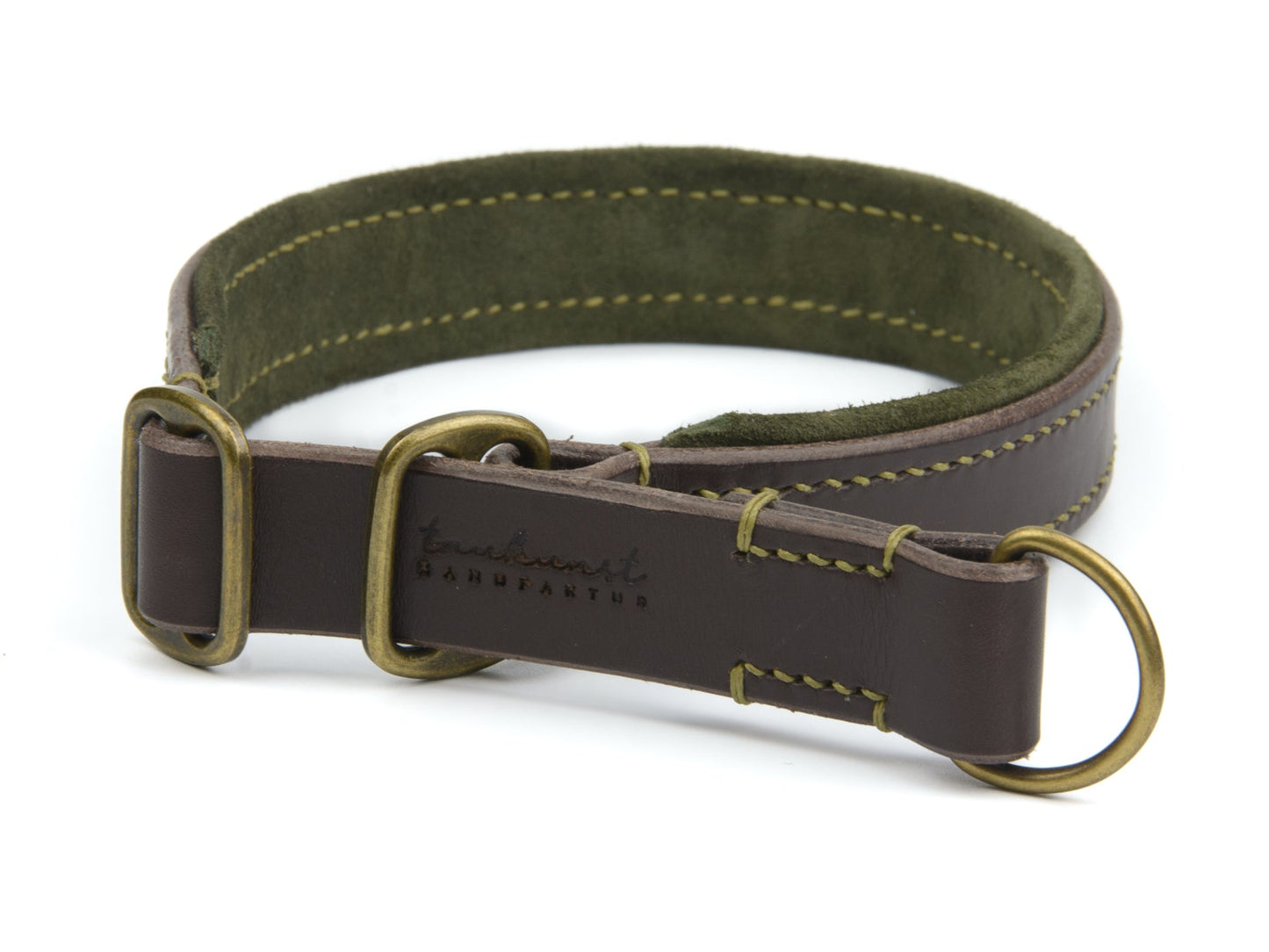 Zugstopp Lederhalsband Wilma für Hunde in Dunkelbraun mit Sattlernaht Oliv Vintage