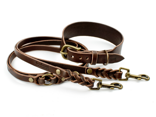 Breites Halsband Leine Set Cora für Hunde aus Leder in Dunkelbraun