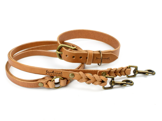 Halsband Leine Set für Hunde aus Leder in Cognac