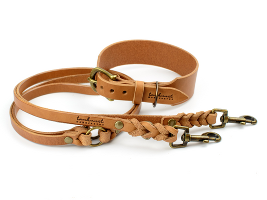 Breites Halsband Leine Set Viola für Hunde aus Leder in Cognac