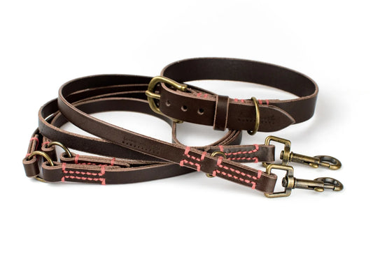 Halsband Leine Set für Hunde aus Leder in Dunkelbraun von Hand genäht