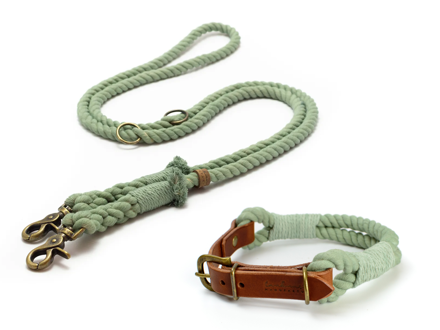 Set aus Halsband und Tauleine Basil für Hunde aus Baumwolle in Salbei