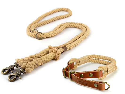 Set aus Zugstopp Halsband und Tauleine Zora aus Baumwolle in Beige